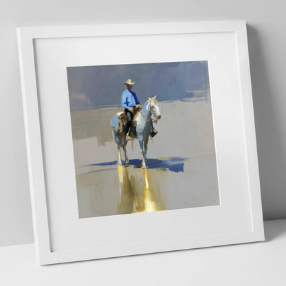 The Sunlit Rider western horse art print in white frame