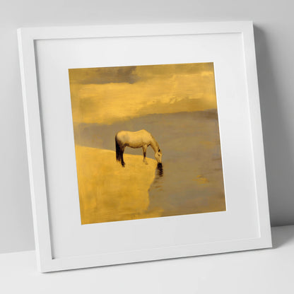 Stillness at the Water's Edge horse landscape art print in white frame