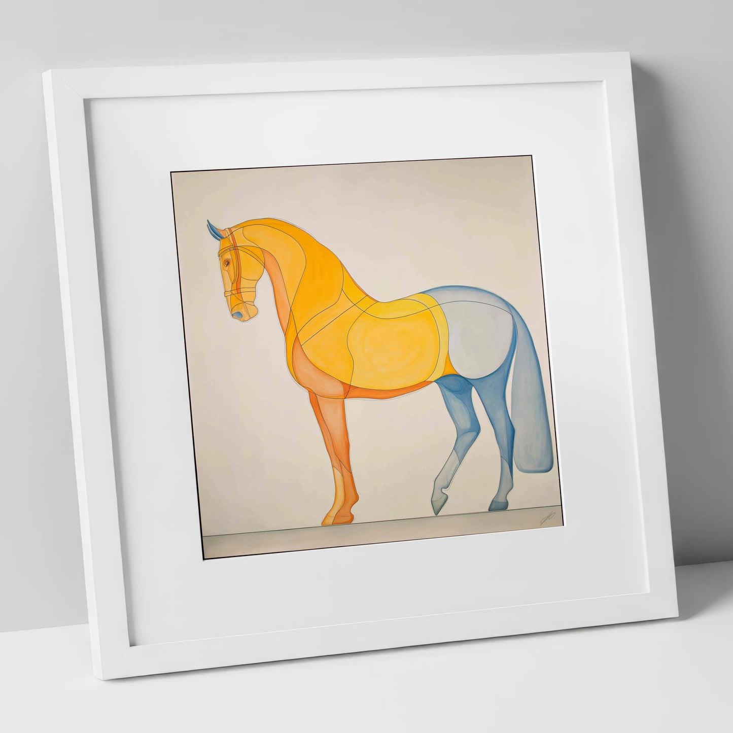 Amber and Slate Harmony dressage horse art print in white frame