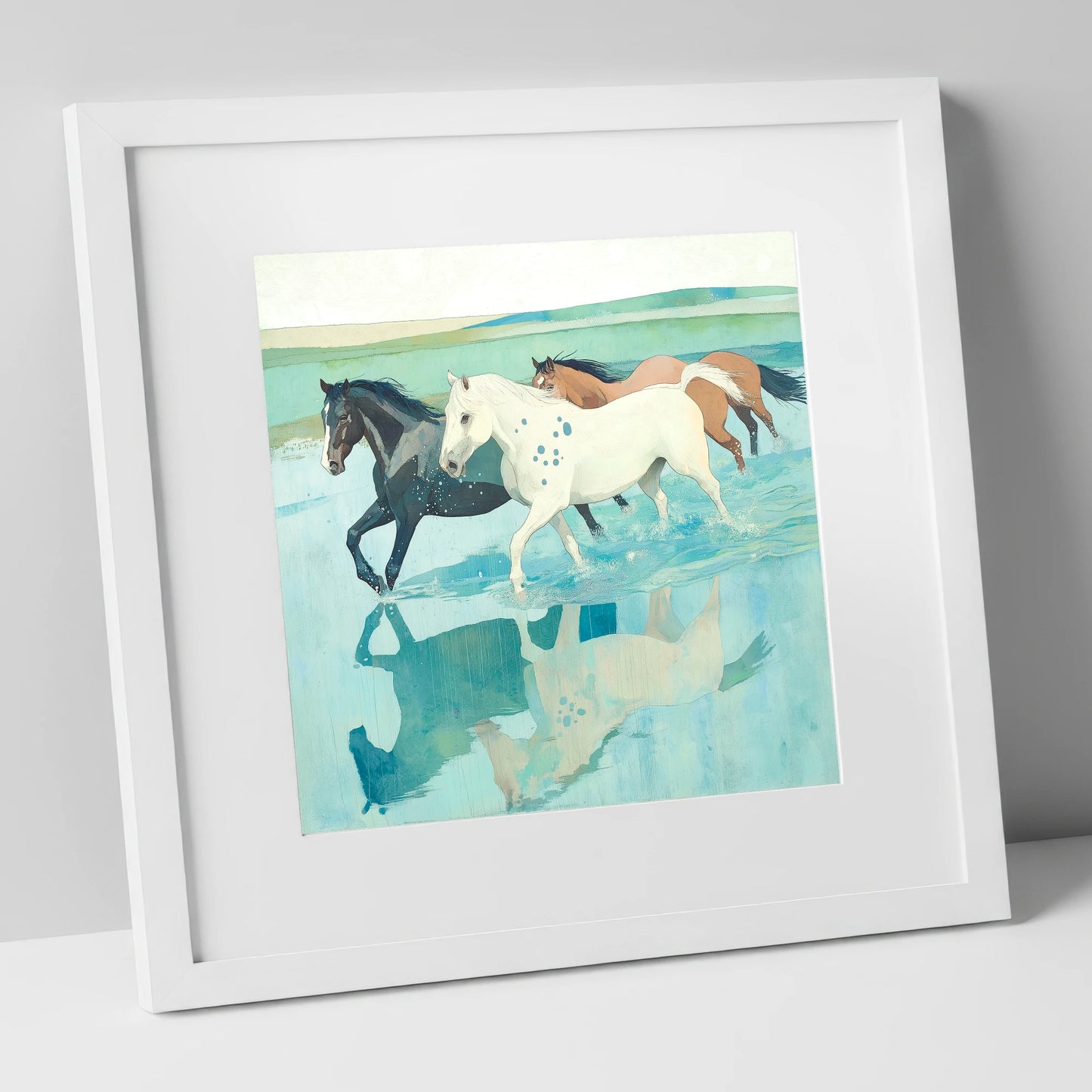 Tidal Canter wild horses art print in white frame
