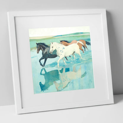 Tidal Canter wild horses art print in white frame
