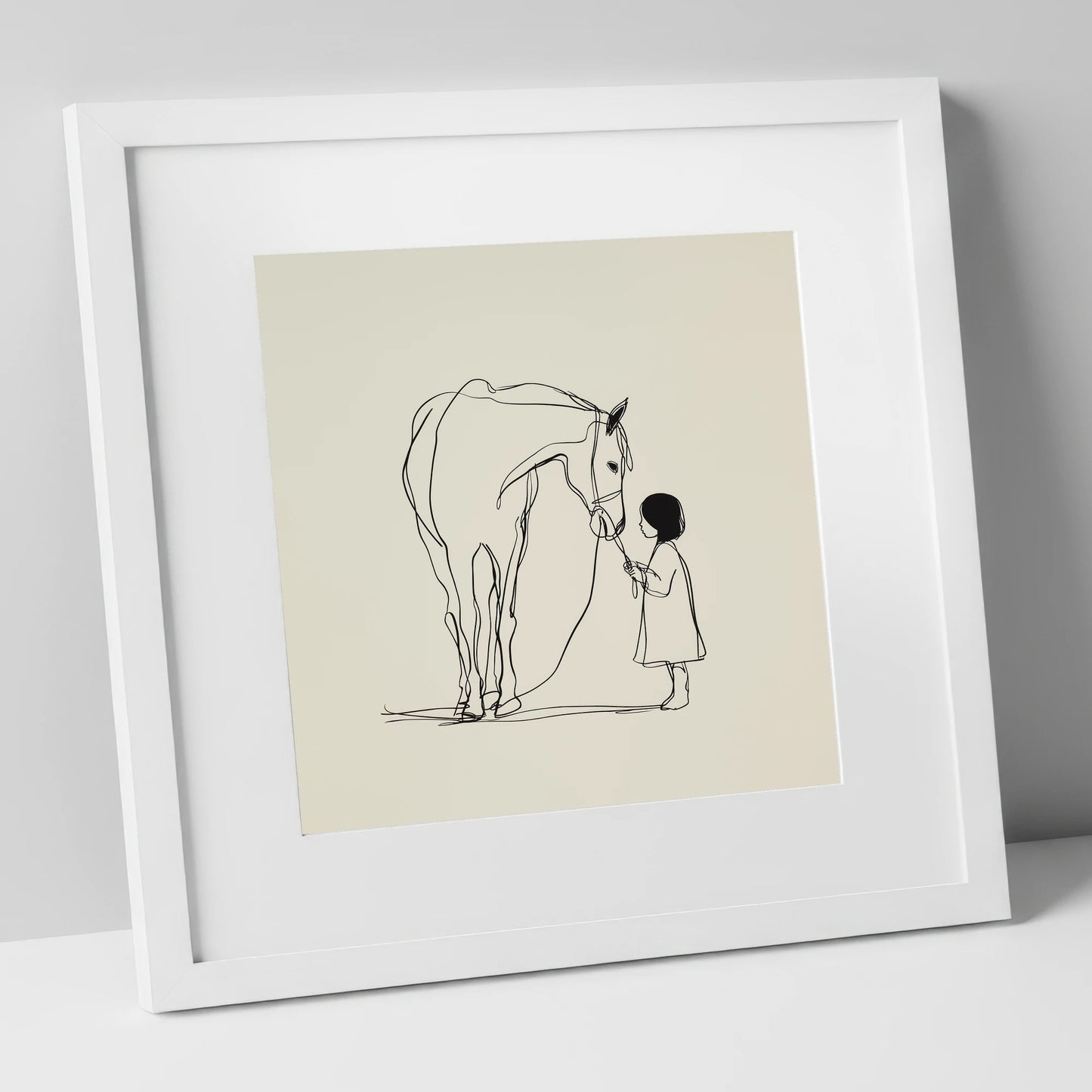 Quiet Trust horse & rider art print in white frame