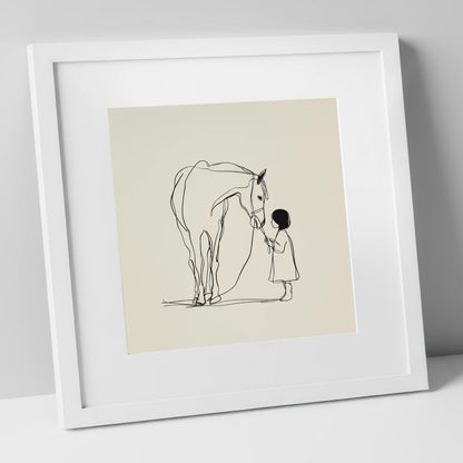 Quiet Trust horse & rider art print in white frame