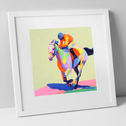 Technicolour Sprint racing horse art print in white frame