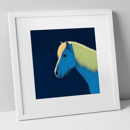 Electric Blue Profile horse breed art print in white frame