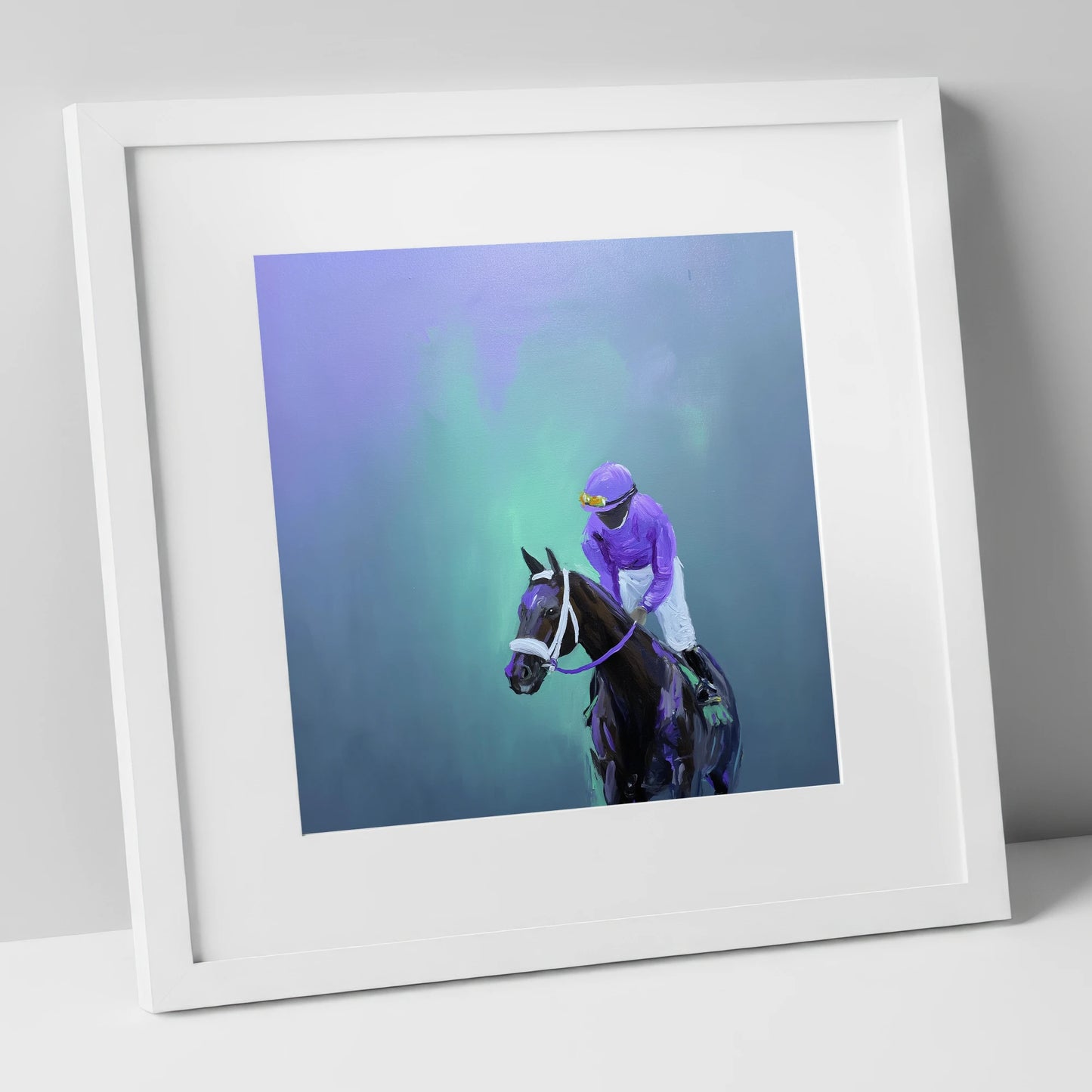 Quiet at the Post racing horse art print in white frame