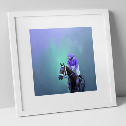 Quiet at the Post racing horse art print in white frame