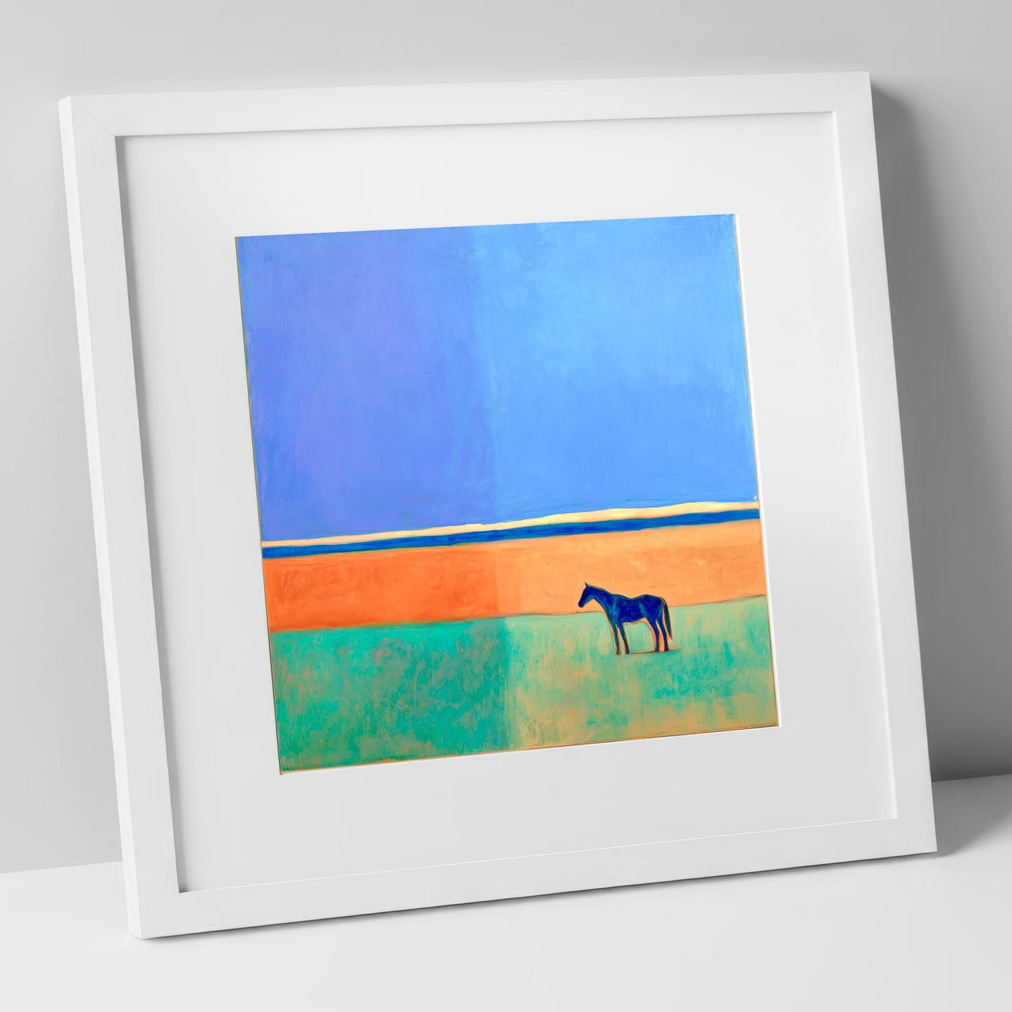 Cobalt Horizon horse landscape art print in white frame