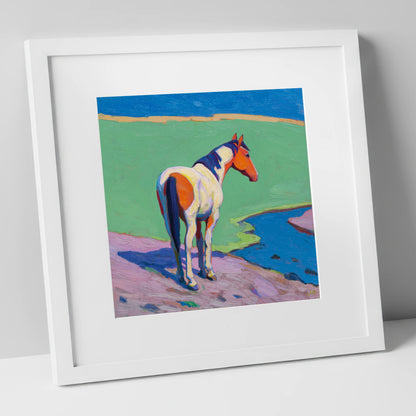 Vibrant Skewbald By The River horse breed art print in white frame