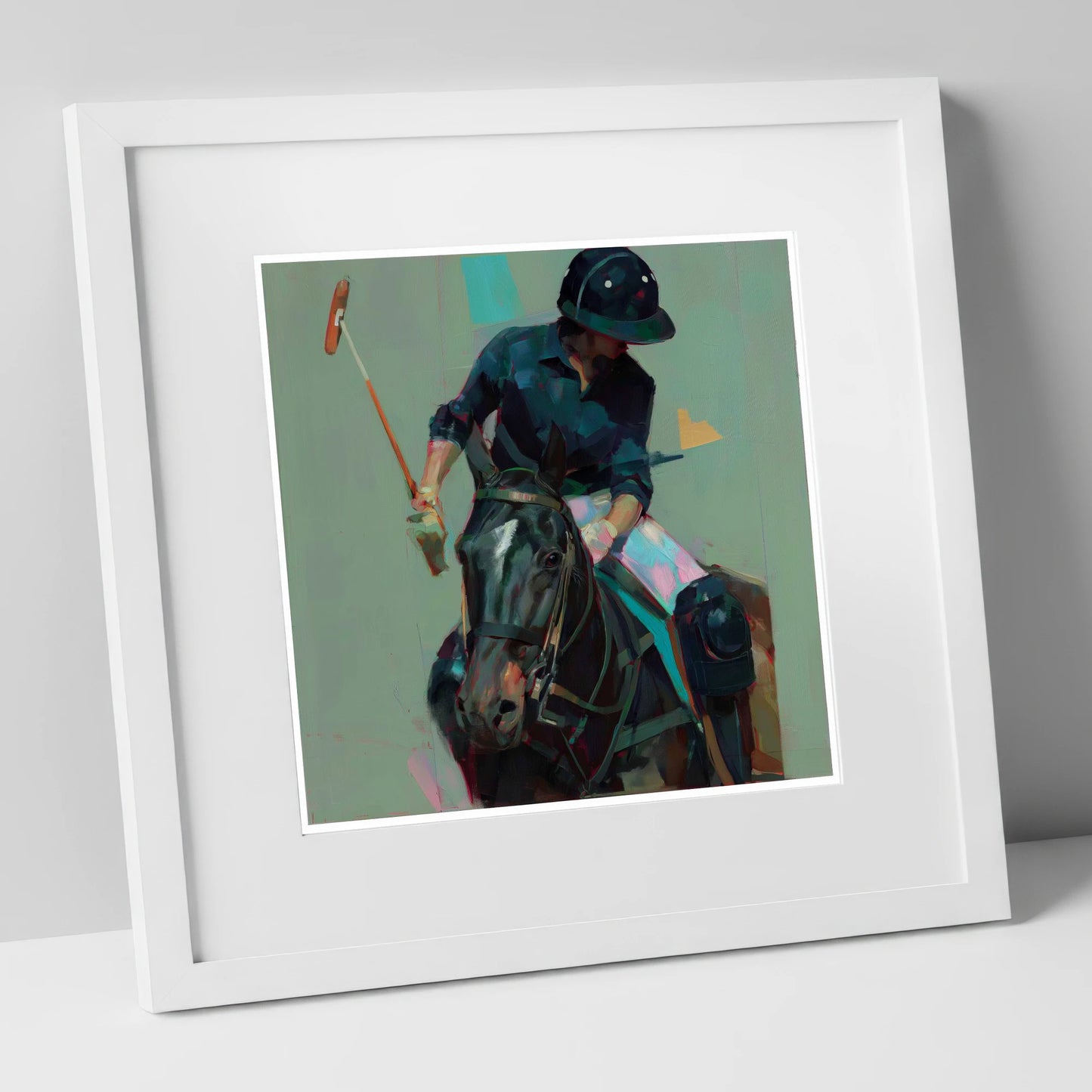 The Decisive Strike polo horse art print in white frame
