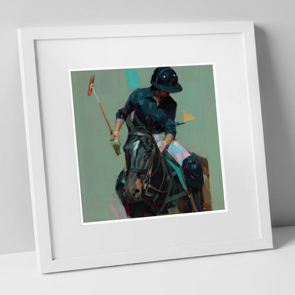 The Decisive Strike polo horse art print in white frame