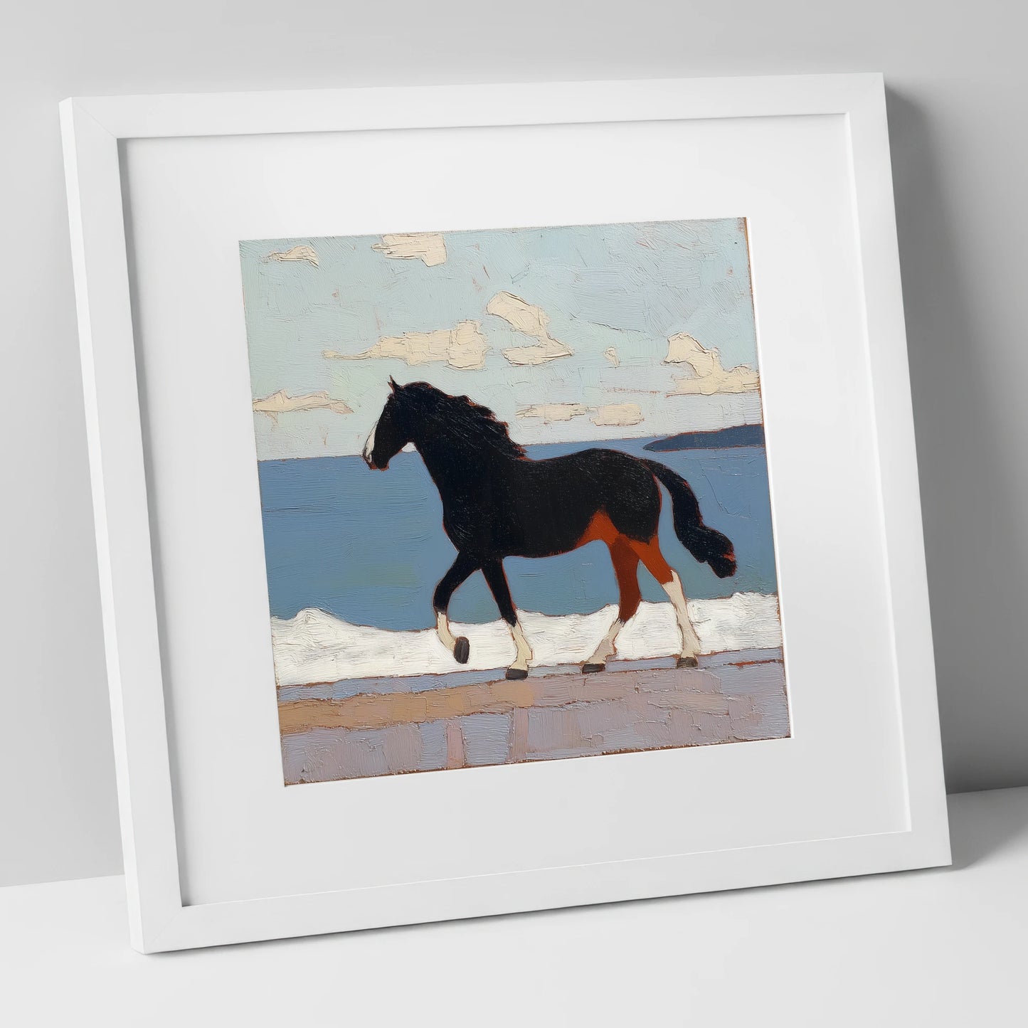 Seaside Stride horse landscape art print in white frame