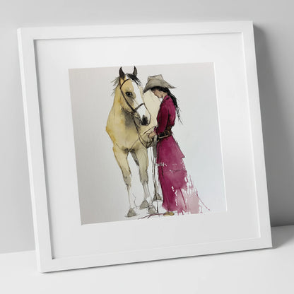 A Quiet Understanding horse & rider art print in white frame