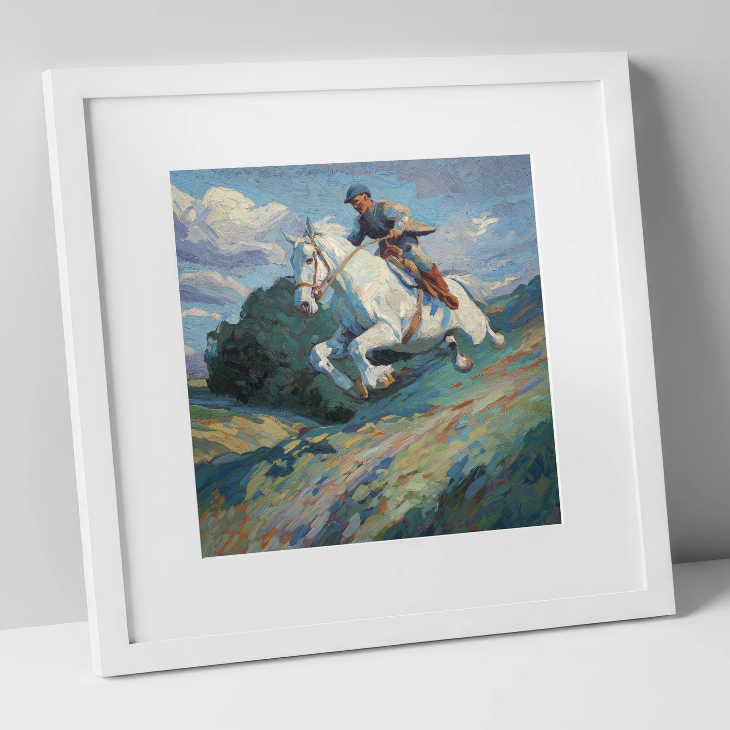 The Boundless Leap show jumping horse art print in white frame