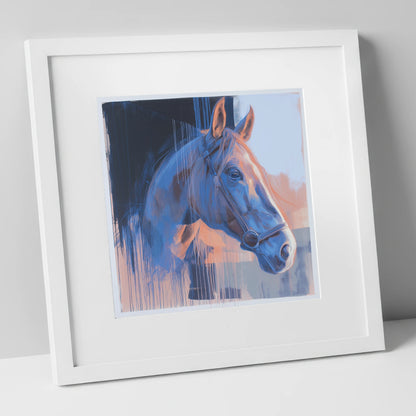 Cobalt and Apricot Light horse portrait art print in white frame