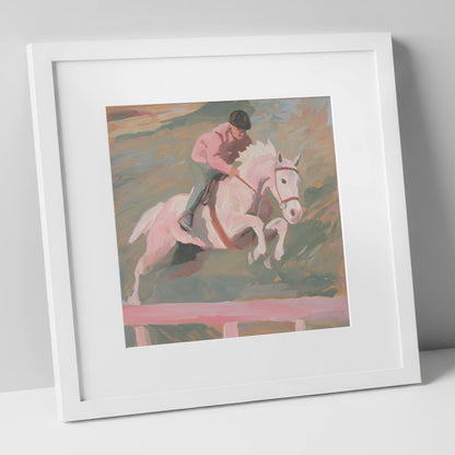 Airborne in Pastel show jumping horse art print in white frame