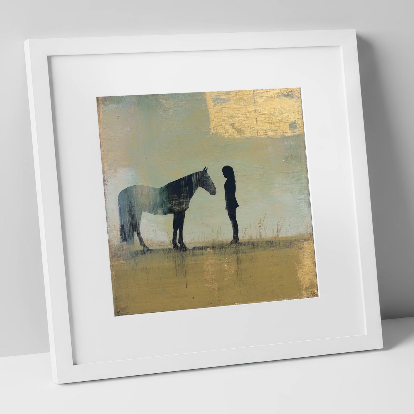 Silent Communion horse & rider art print in white frame
