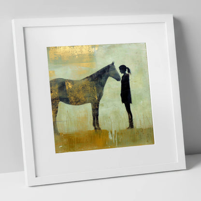 The Golden Bond horse & rider art print in white frame