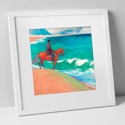 Chestnut By The Emerald Shore horse landscape art print in white frame
