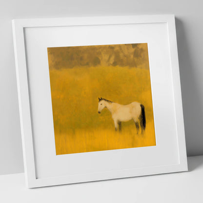 Golden Silence horse landscape art print in white frame