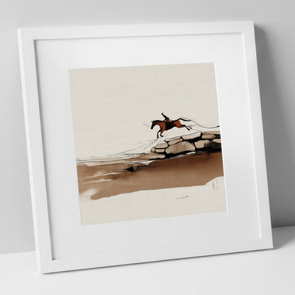 Flight Over Stone show jumping horse art print in white frame