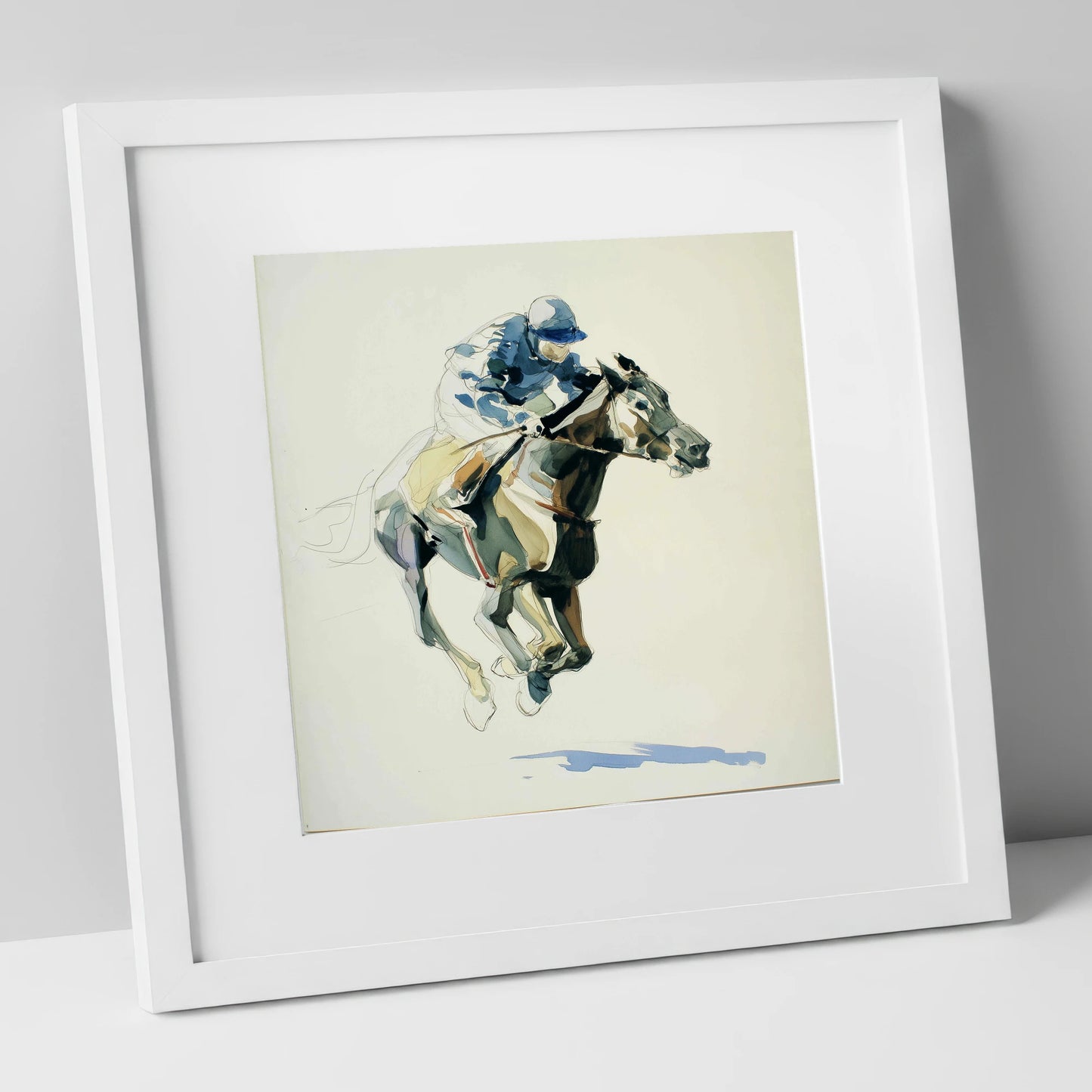 Cerulean Stride racing horse art print in white frame