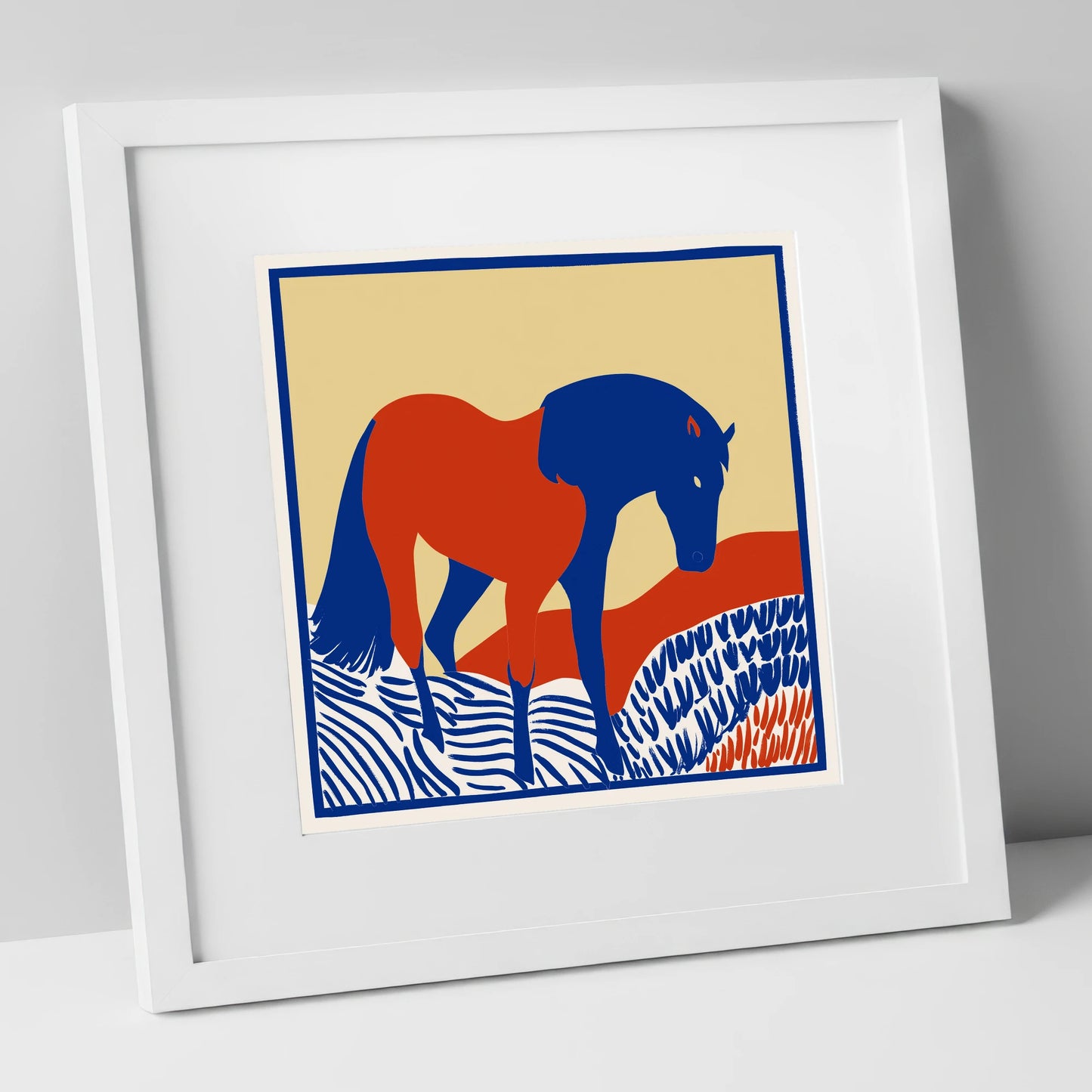 Cobalt And Rust horse portrait art print in white frame