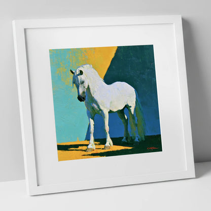 Grey Horse in Vivid Sunlight horse breed art print in white frame
