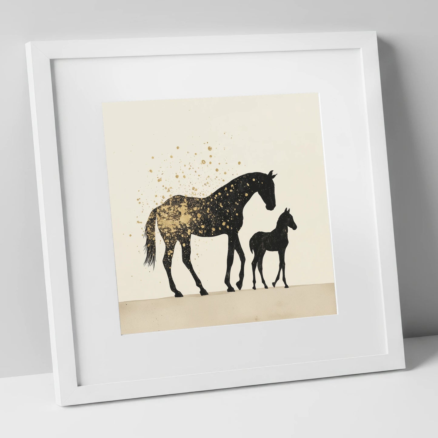 Gilded Bonds mare & foal art print in white frame