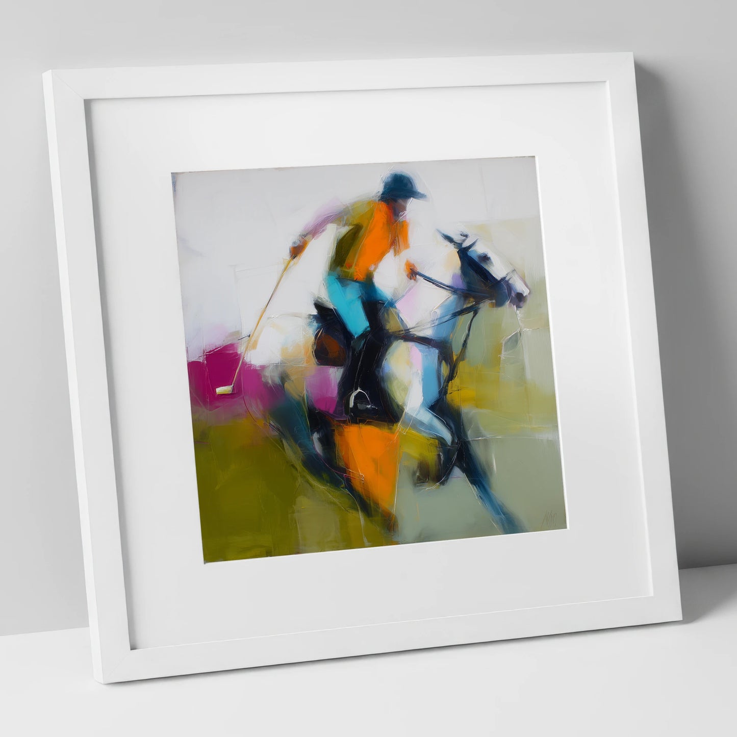 Midfield Momentum polo horse art print in white frame