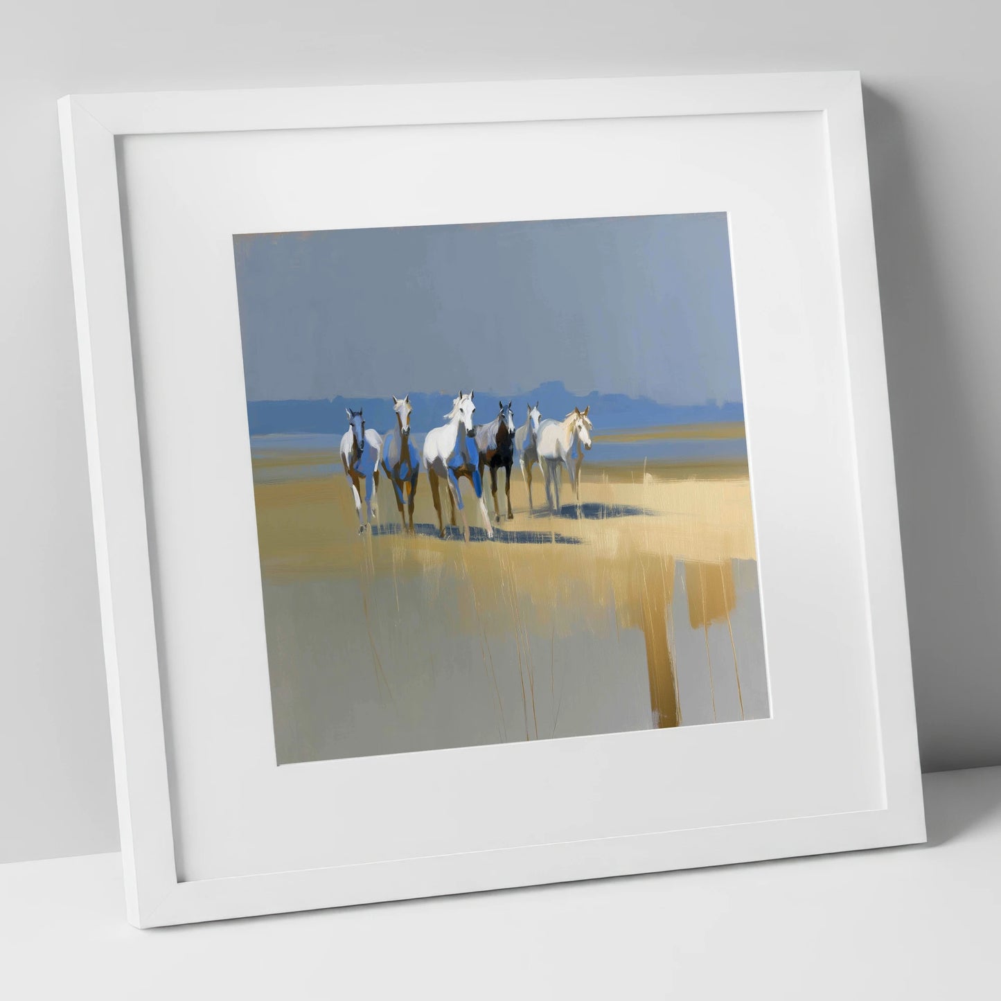 Blue Horizon Herd wild horses art print in white frame