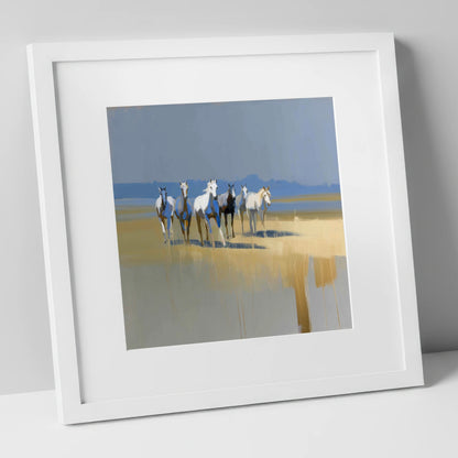 Blue Horizon Herd wild horses art print in white frame