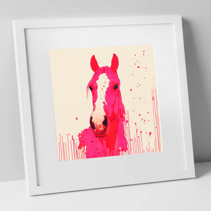 Vibrant Magenta Blaze horse portrait art print in white frame