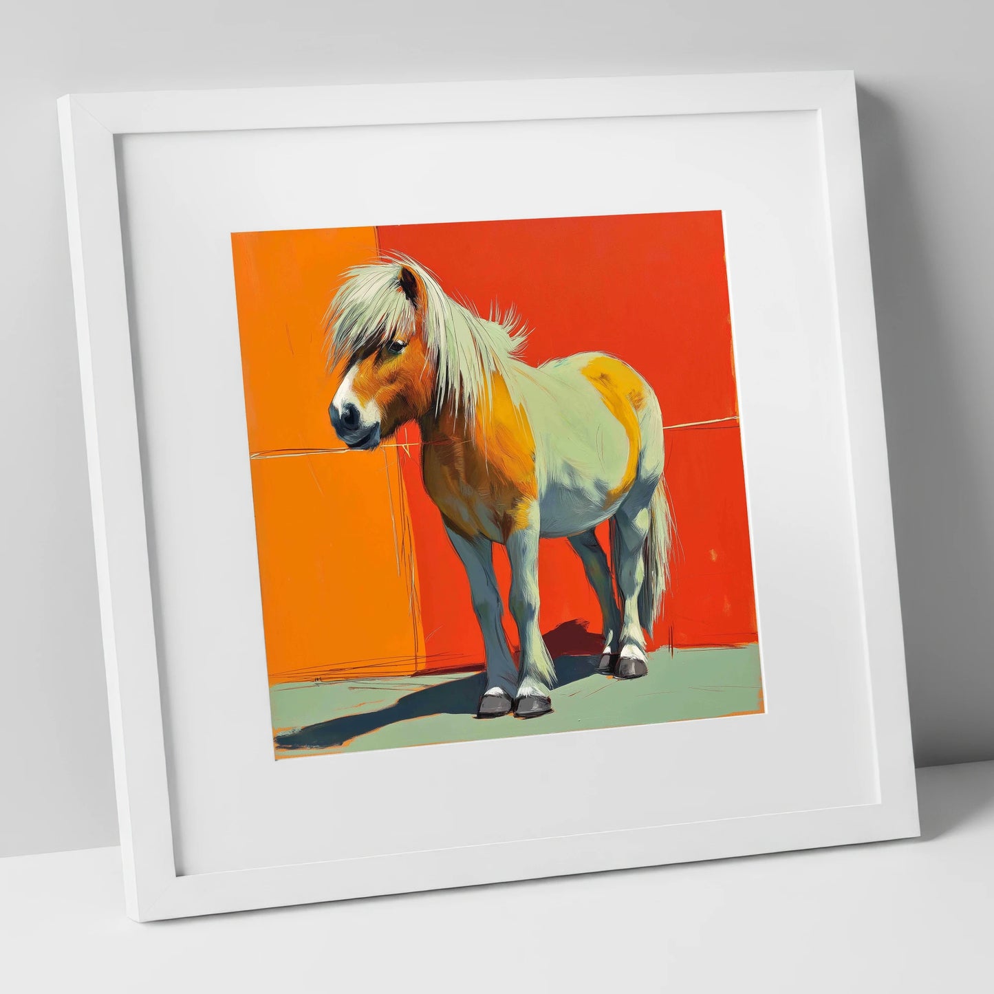 Vibrant Pony Portrait horse breed art print in white frame