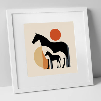 Mid-Century Mare and Foal mare & foal art print in white frame