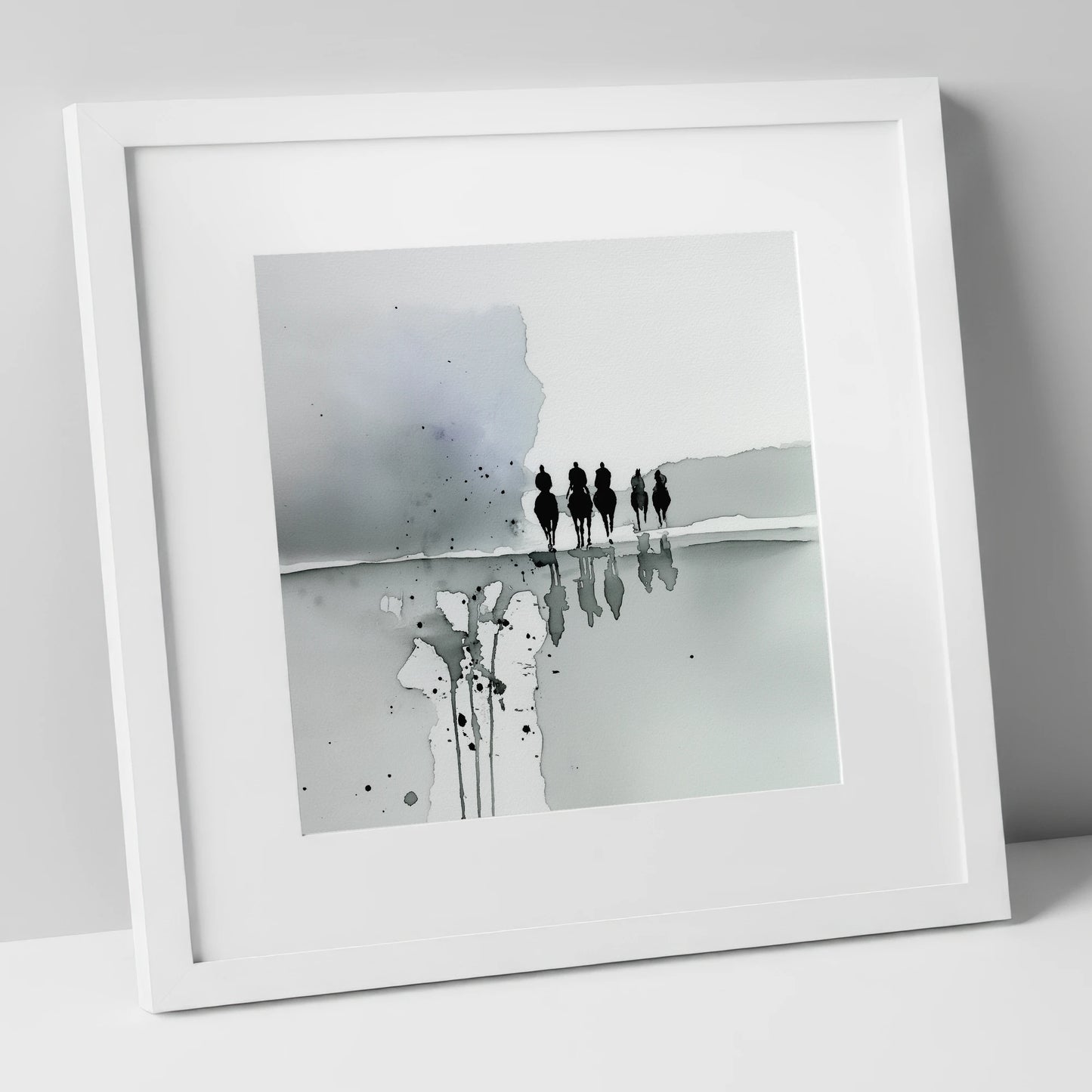 The Morning String racing horse art print in white frame