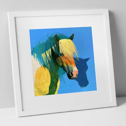 Bold Yellow and Teal Horse horse breed art print in white frame