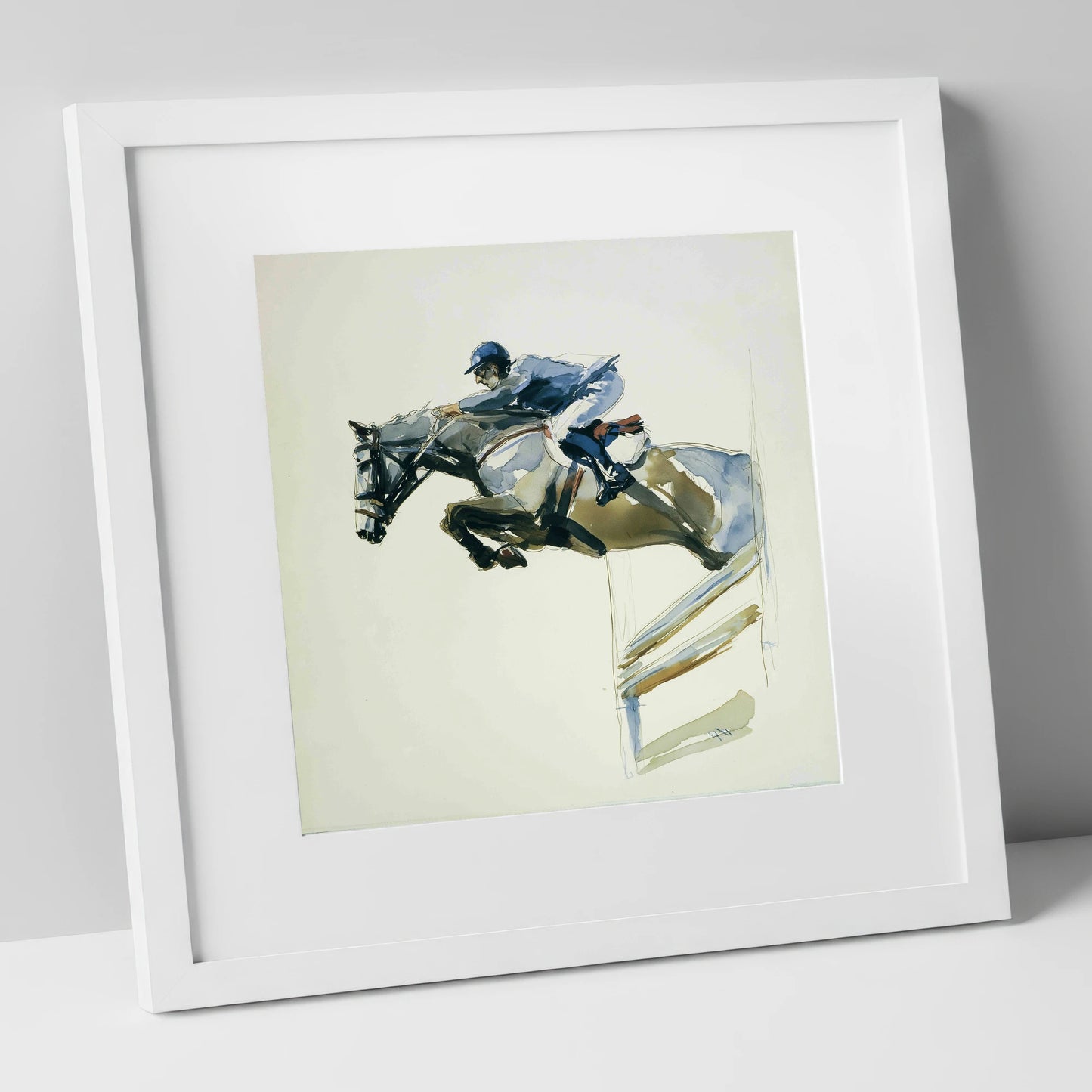 The Perfect Bascule show jumping horse art print in white frame