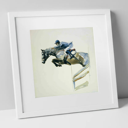 The Perfect Bascule show jumping horse art print in white frame