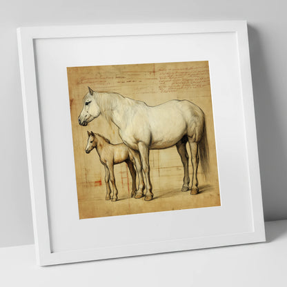Heritage Mare and Foal Sketch mare & foal art print in white frame