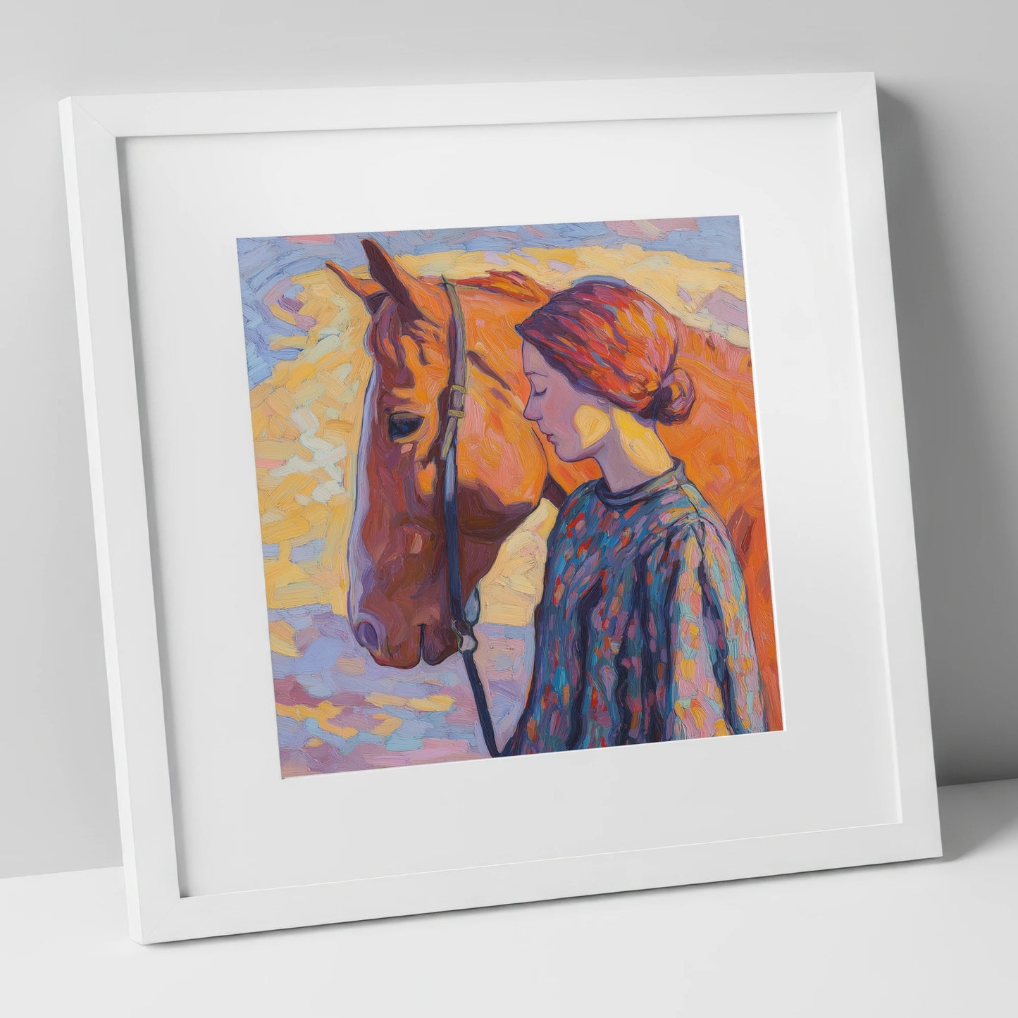 Radiant Connection horse & rider art print in white frame
