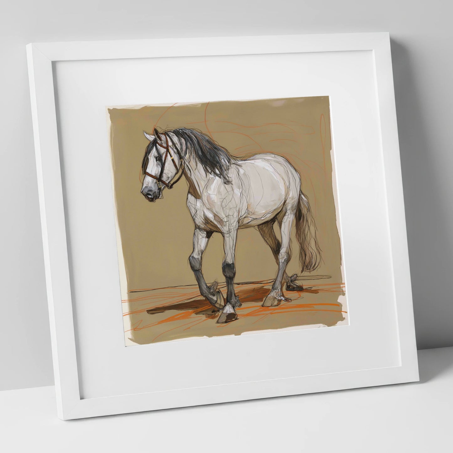 Spirited Grey Study horse breed art print in white frame