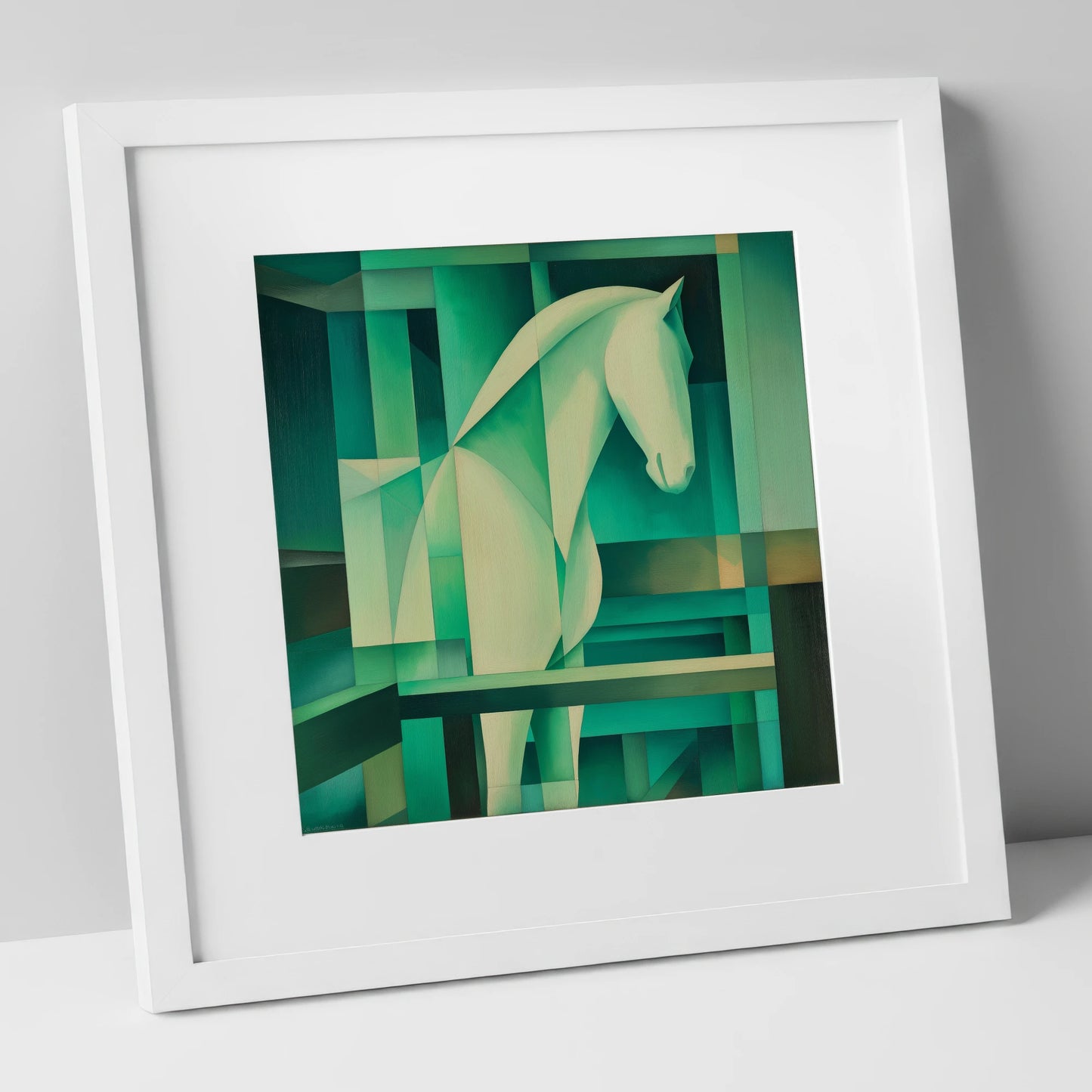 Verdant Rhythm horse stable art print in white frame