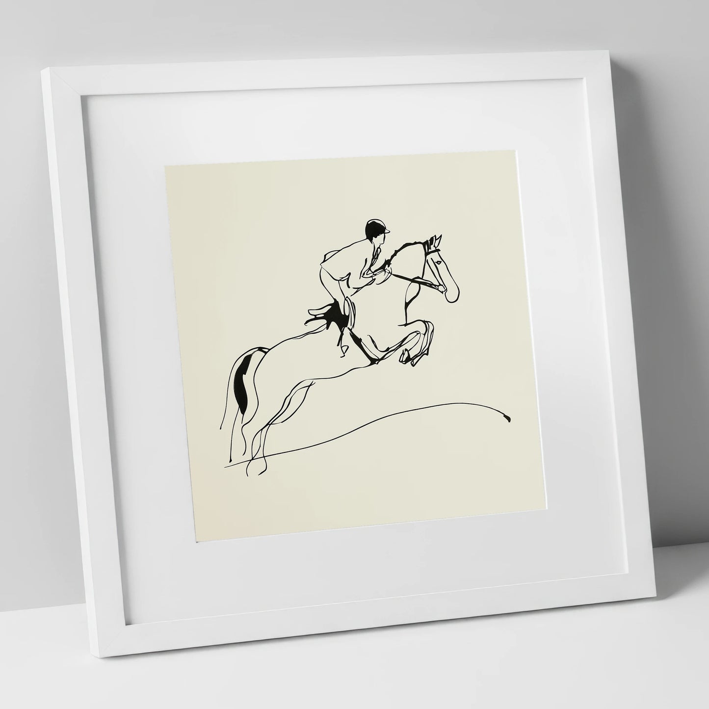 The Perfect Arc show jumping horse art print in white frame