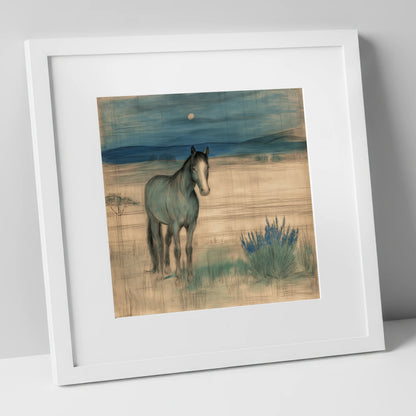 Twilight Moonlit Watch horse landscape art print in white frame