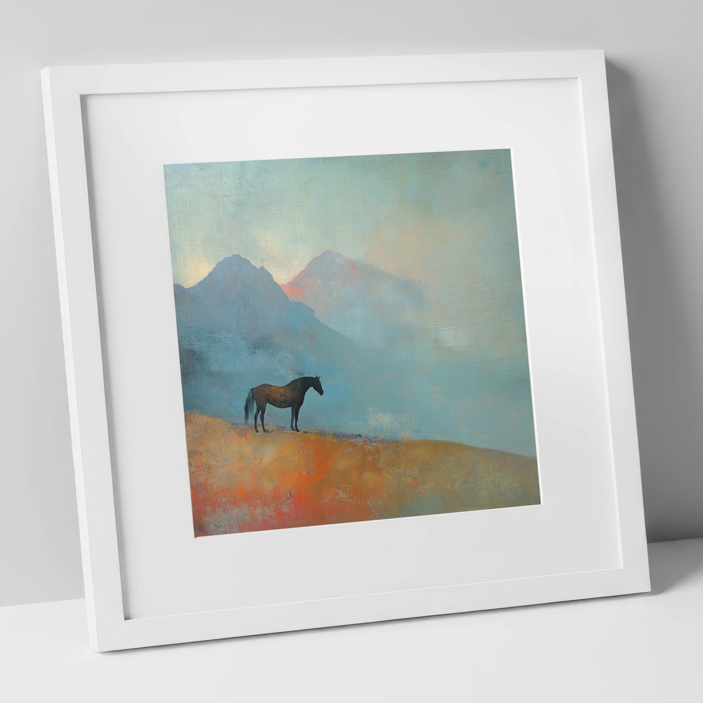 Highland Solitude horse landscape art print in white frame