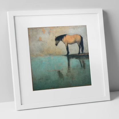 Tranquil Waters Reflection horse landscape art print in white frame