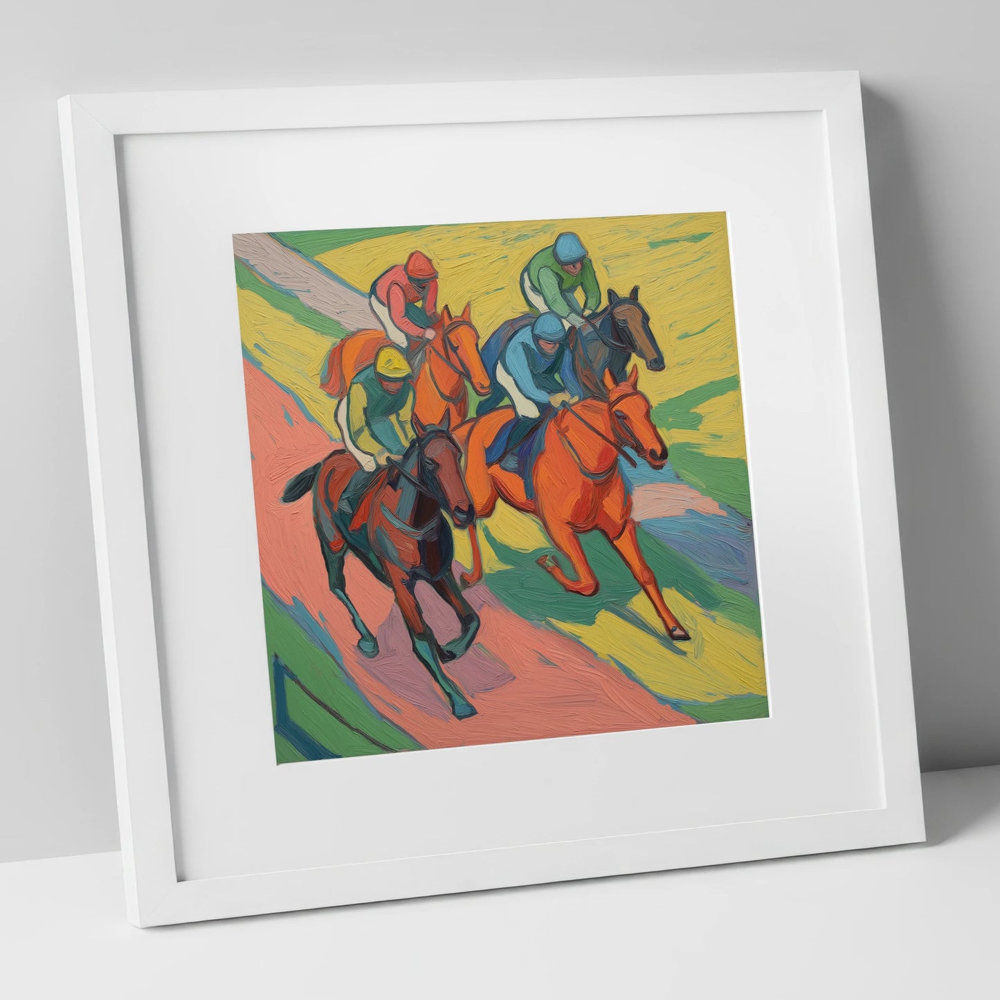 Colours of the Turf racing horse art print in white frame