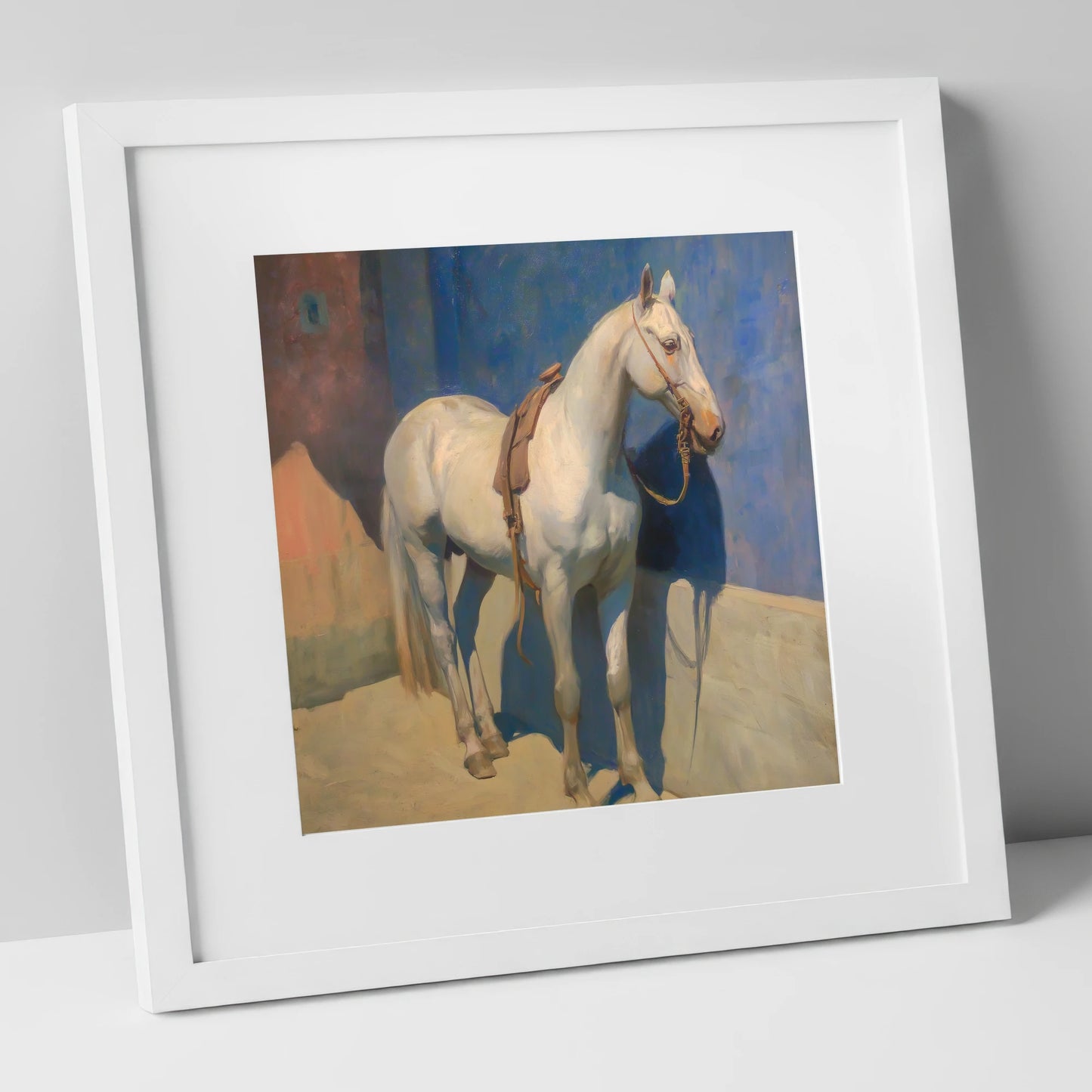 Sunlit Grey against Azure horse breed art print in white frame