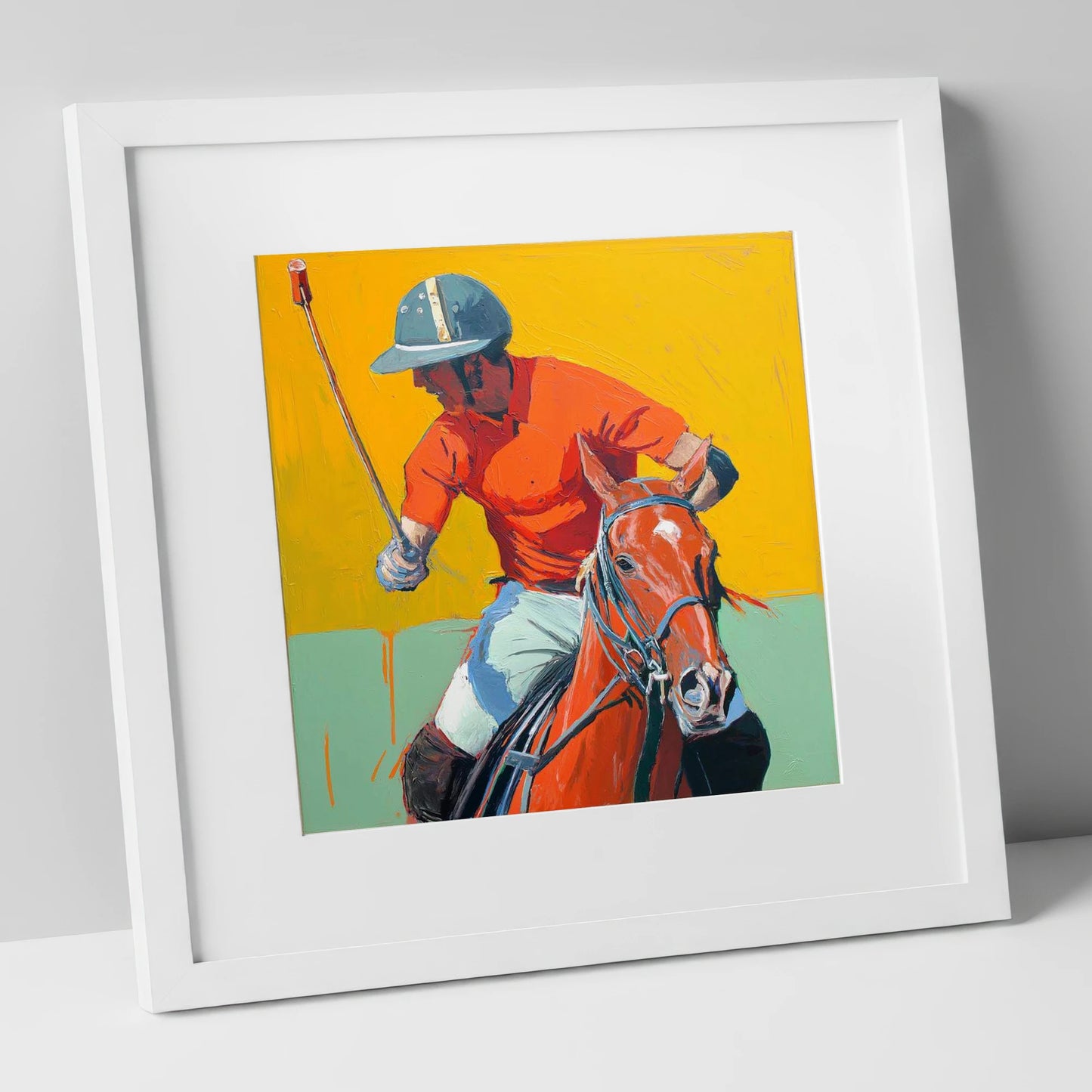 Vivid Mid-Chukka Strike polo horse art print in white frame